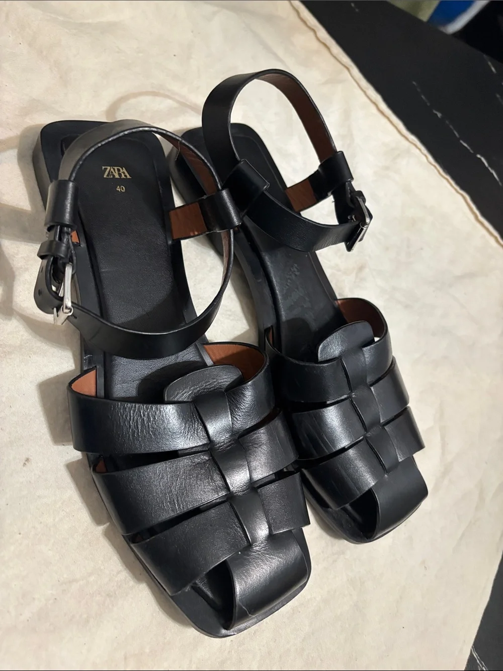 Zara Black Woven Leather Ankle-Strap Sandals - Picture 3 of 7